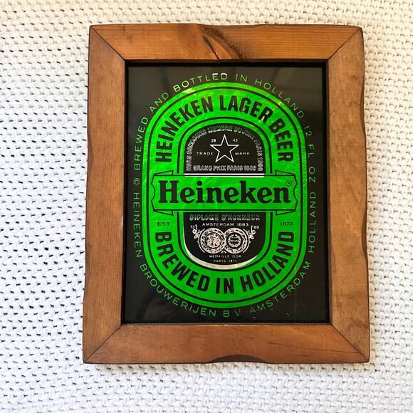Vintage Heineken Lager Beer Sign Green Foil Art Wooden Frame Man Cave 12" x 10"